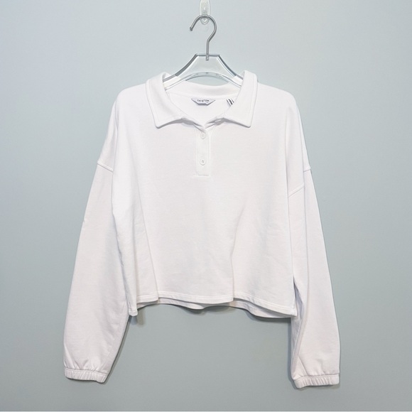 Peloton $68 Cropped Polo Sweatshirt White Purple Check Button Shirt Size Medium - Picture 2 of 8